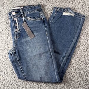 Tractr Button Me Up Bootcut Mid Rise Distressed Dark Blue Jeans Sz 4/27 NWT